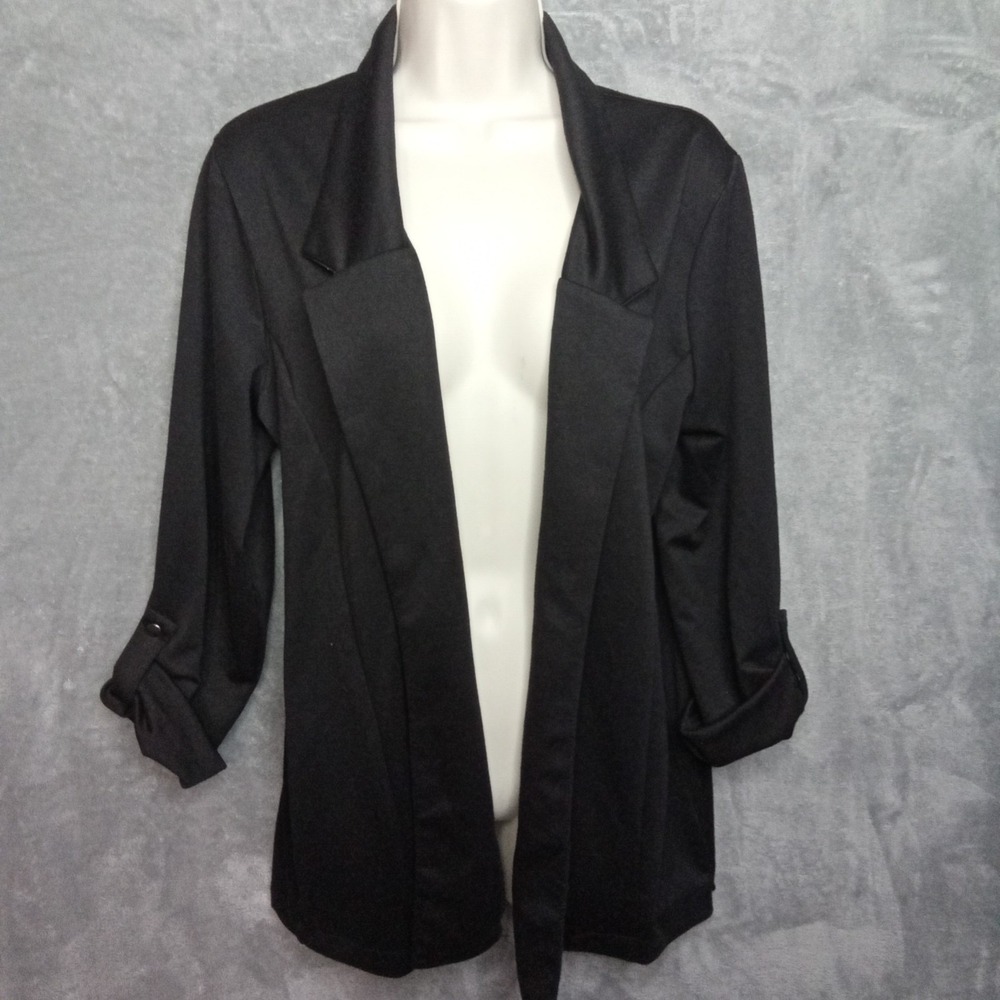 Massini Womens‎ Large Black Cardigan Open Front Roll Tab sleeve